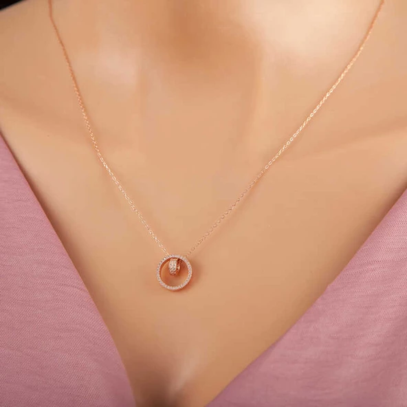 925 Ayar Gümüş Rose İç İçe Geçmiş Halka Kadın Kolye ürün görseli 1