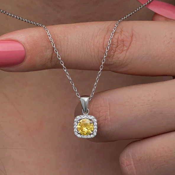 925 Ayar Gümüş Sarı Baget Taşlı Kadın Kolye - Resim 2