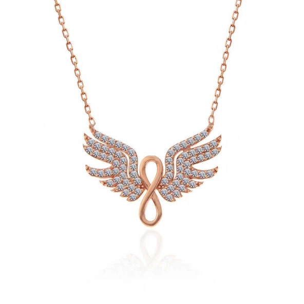 925 Ayar Gümüş Rose Melek Kanadı Sonsuzluk Kadın Kolye - Resim 3