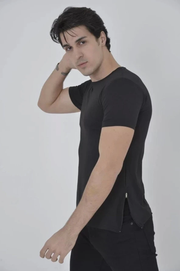 Erkek Yandan Fermuarli Slim fit T-shirt - Siyah