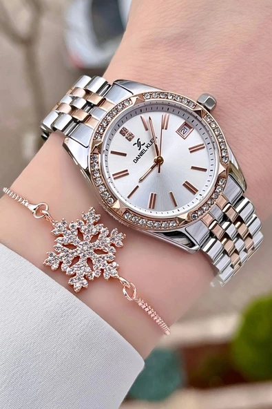 Daniel Klein DKISTE988 Rose Gümüş Renk Hediye Paketli Takvimli Kadın Kol Saati ve Bileklik - Resim 4