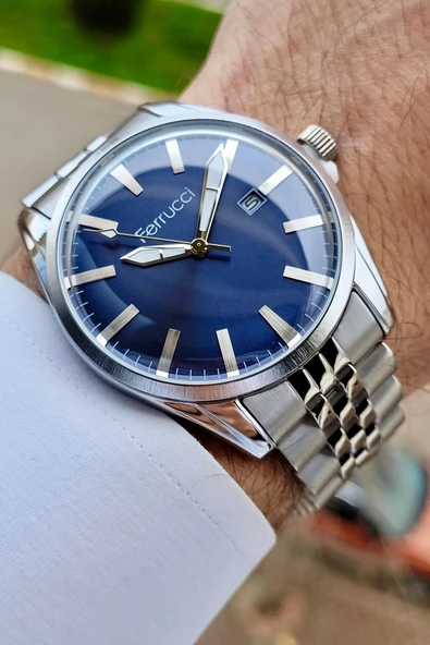Ferrucci FCISTE250 Kadranı Lacivert Kordonu Gümüş Renk Takvimli Erkek Kol Saati - Resim 4