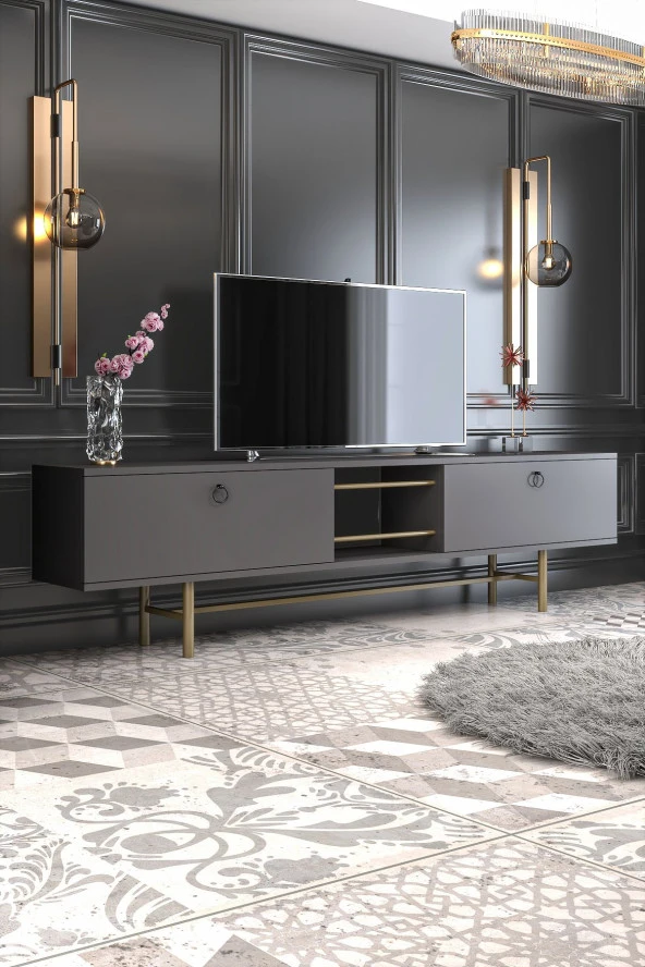 Givayo Mobilya GORDON ANTRASİT TV ÜNİTESİ 180 CM DEMİR AYAKLI ürün görseli 1