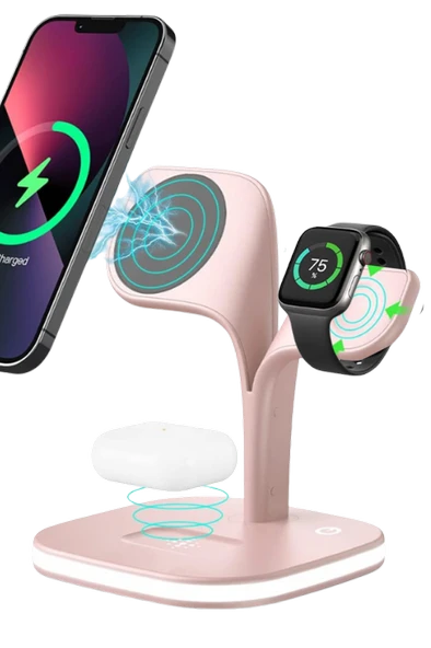 Apple iPhone Airpods Watch 3in1 Kablosuz Wireless Magsafe Şarjlı Standı Gece Lambalı UD22 - 4