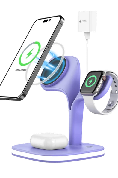 Apple iPhone Airpods Watch 3in1 Kablosuz Wireless Magsafe Şarjlı Standı Gece Lambalı UD22 - 5