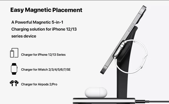 Apple iPhone Airpods Watch 3in1 Kablosuz Wireless Magsafe Şarjlı Standı Gece Lambalı UD22 - 7