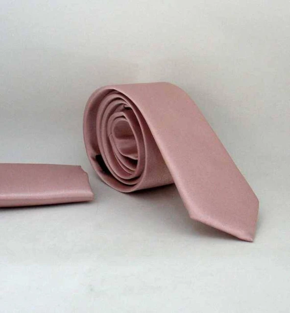 Pudra Pembe Slim Fit (ince) Düz Renk Mendilli Saten Kravat - SS-39 ürün görseli