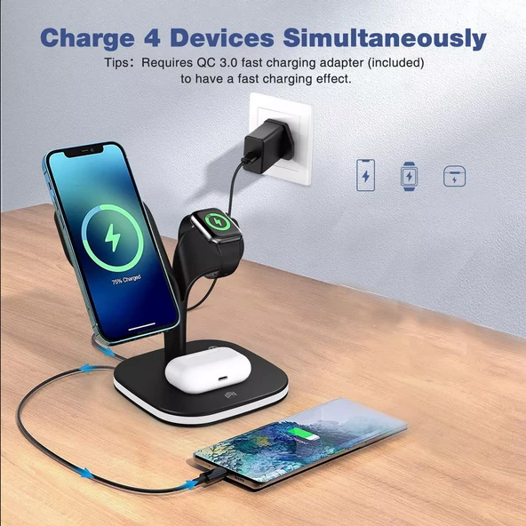 Apple iPhone Airpods Watch 3in1 Kablosuz Wireless Magsafe Şarjlı Standı Gece Lambalı UD22 - 8