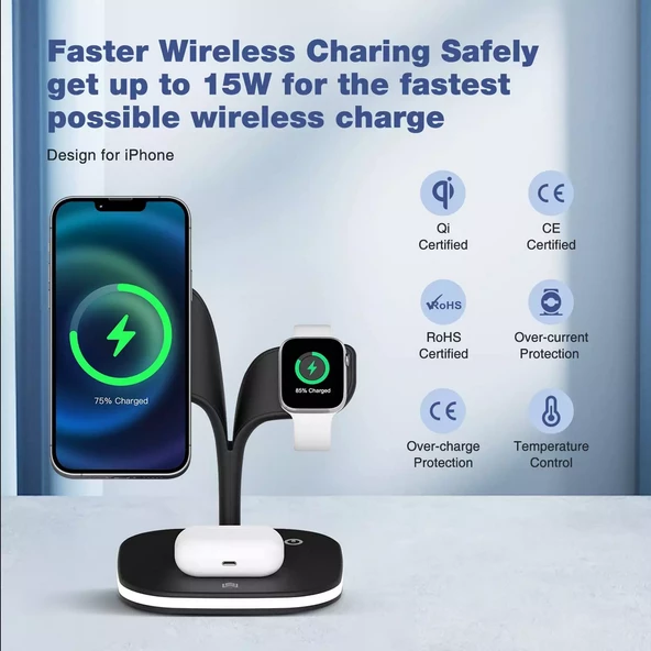 Apple iPhone Airpods Watch 3in1 Kablosuz Wireless Magsafe Şarjlı Standı Gece Lambalı UD22 - 9