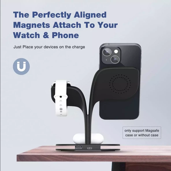 Apple iPhone Airpods Watch 3in1 Kablosuz Wireless Magsafe Şarjlı Standı Gece Lambalı UD22 - 10