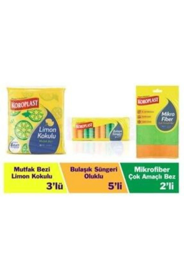 KOROPLAST 3Lü Limon Kokulu Mutfak Bezi+5Li Oluklu Bulaşık Süngeri+2Li Çok Amaçlı Mikrofiber Bez