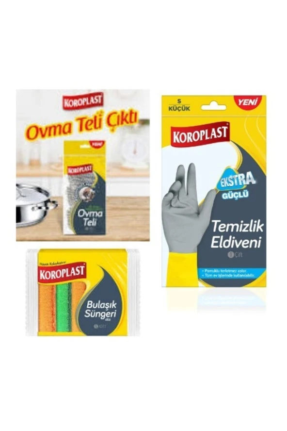 KOROPLAST Temizlik Eldiveni Ekstra Güçlü S Boy 5 Li Oluklu Sünger Yeni Ovma Teli