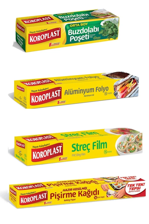 KOROPLAST 4'Lü Paket Buzdolabı Poşeti + Hazır Kesim Pişirme Kağıdı + Streç Film + Alüminyum Folyo