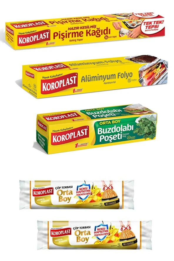 KOROPLAST 5Li Paket Buzdolabı Poşeti+Vinilya Kokulu Poşet+Hazır Kesim Pişirme Kağıdı+Alüminyum Folyo