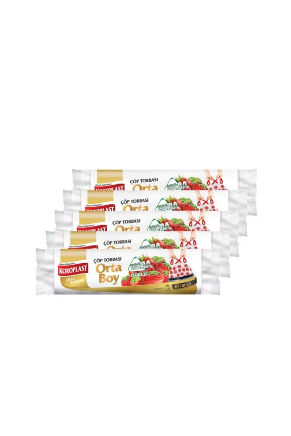 SARCİNA Koroplast Ekstra Güçlü Orta Boy Çilek Kokulu Büzgülü Çöp Torbası 55X60Cm - 15'Li X 5 Ad.