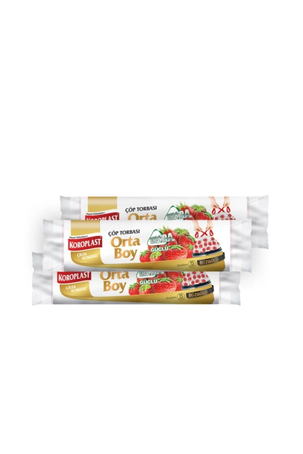 SARCİNA Koroplast Ekstra Güçlü Orta Boy Çilek Kokulu Büzgülü Çöp Torbası 55X60Cm - 15'Li X 3 Adet Avantajlı