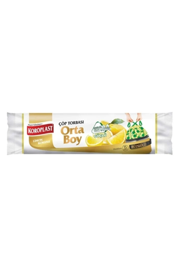 KOROPLAST Ekstra Güçlü Büzgülü Çöp Poşeti Orta Boy 55 X 60 Cm 15 Adet - Sarı
