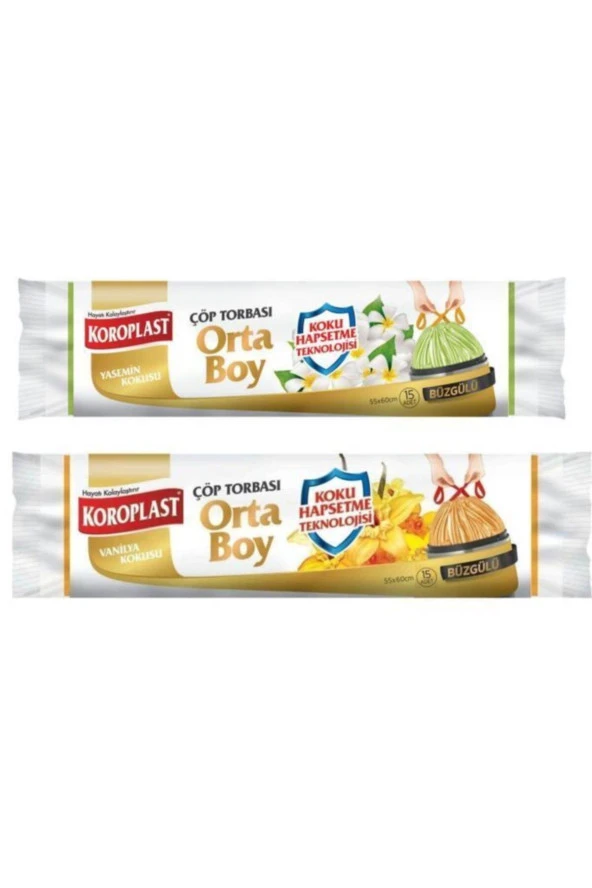 KOROPLAST Vanilya Kokulu Büzgülü Orta Boy Çöp Torbası + Yasemin Kokulu Büzgülü Orta Boy