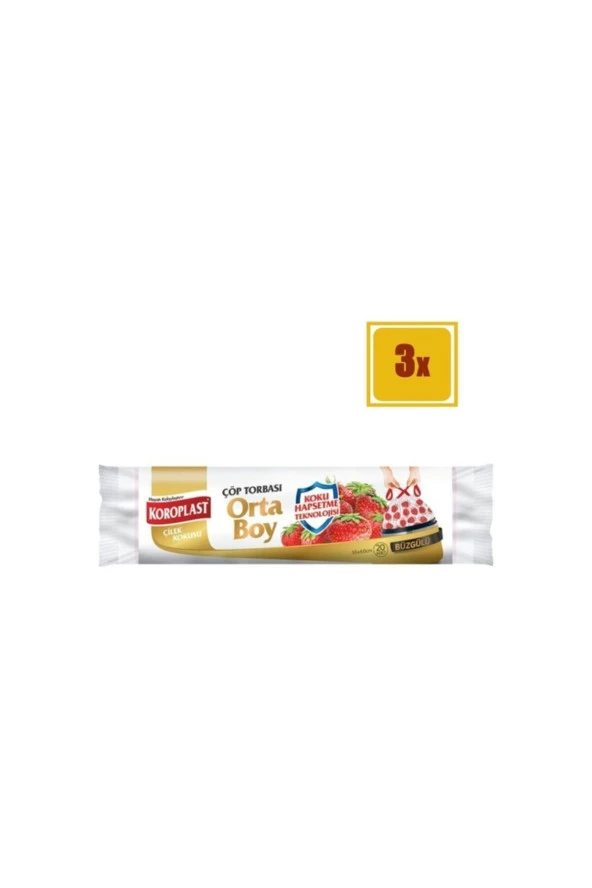 KOROPLAST Çilek Kokulu Büzgülü Orta Boy Çöp Torbası 3'Lü Set