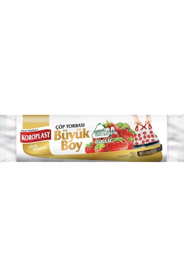 KOROPLAST Ekstra Güçlü Büzgülü Çilek Büyük Boy Çöp Torbası 10'Lu