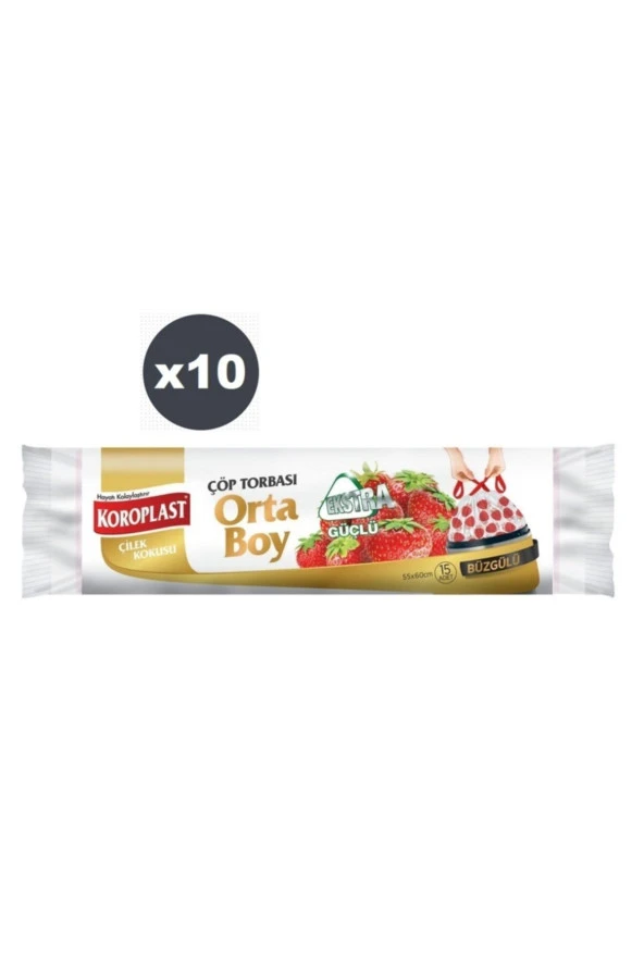 KOROPLAST Ekstra Güçlü Çilek Büzgülü Orta Boy 15Li Çöp Torbası X 10 Paket