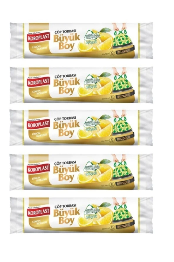 KOROPLAST Ekstra Güçlü Limon Büzgülü Büyük Boy 10Lu Çöp Torbası X 5 Paket