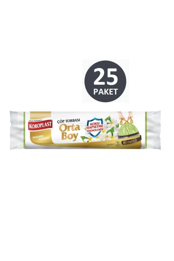 KOROPLAST Koku Hapsetme Yasemin Büzgülü Orta Boy Çöp Torbası X 25 Paket 15Li