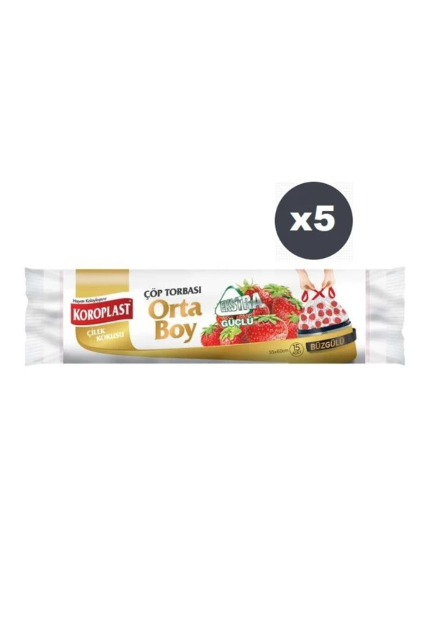 KOROPLAST Ekstra Güçlü Çilek Büzgülü Orta Boy 15Li Çöp Torbası X5 Paket