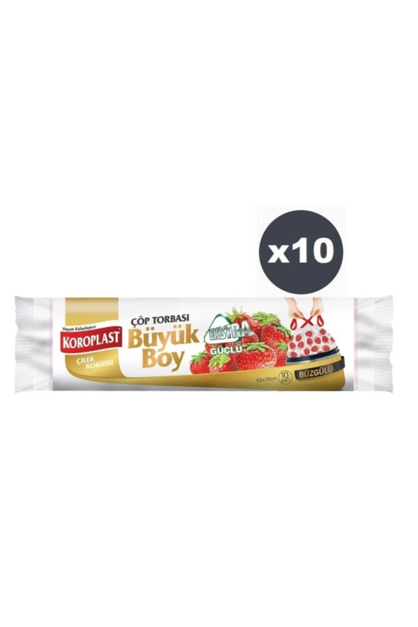 KOROPLAST Ekstra Güçlü Çilek Büzgülü Büyük Boy 10Lu Çöp Torbası X 10 Paket