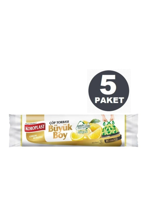 KOROPLAST Ekstra Güçlü Limon Büzgülü Büyük Boy 10Lu Çöp Torbası X 5 Paket