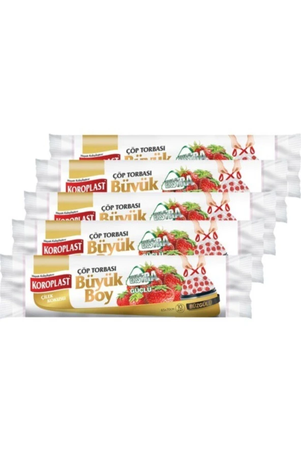 KOROPLAST Ekstra Güçlü Çilek Büzgülü Büyük Boy 10Lu Çöp Torbası X 5 Paket