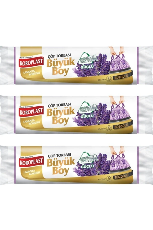 KOROPLAST Ekstra Güçlü Lavanta Büzgülü Büyük Boy 10Lu Çöp Torbası X 3 Paket (65X70 Cm)