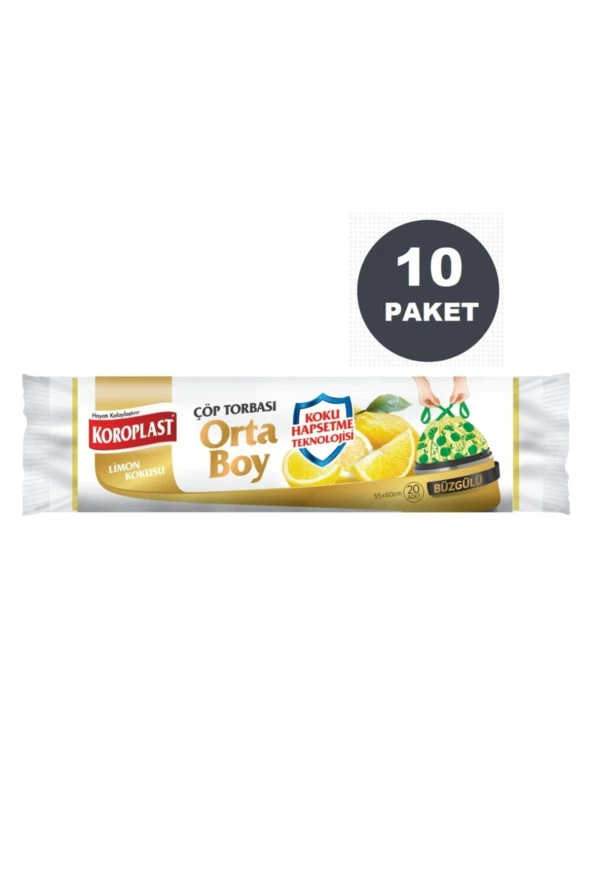 KOROPLAST Ekstra Güçlü Limon Büzgülü Orta Boy 15Li Çöp Torbası X 10 Paket