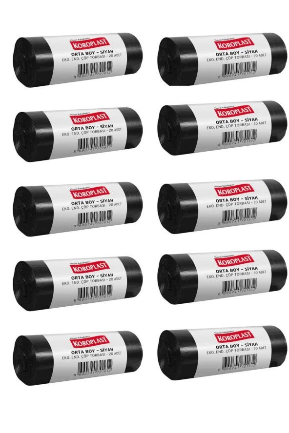 KOROPLAST Orta Boy Siyah Eko Endüstriyel Çöp Torbası 20 Adetli 10 Paket