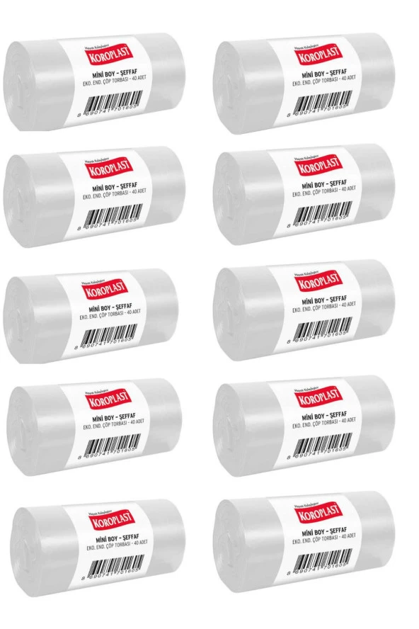 KOROPLAST Mini Boy Şeffaf Eko Endüstriyel Çöp Torbası 40 Adetli 10 Paket
