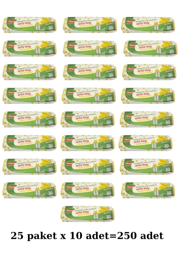 FLEXİ Büzgülü Çöp Torbası Limon Kokulu Orta Boy 25 Paket 1 Koli