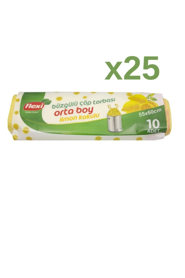 FLEXİ Büzgülü Çöp Torbası Limon Kokulu Orta Boy 25 Paket 1 Koli - 2