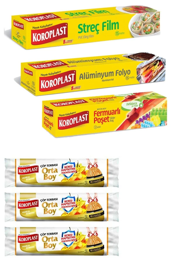 KOROPLAST Xs Paket Vanilya Kokulu Çöp Poşeti X3 + Streç Film+Fermuarlı Poşet+Alüminyum Folyo