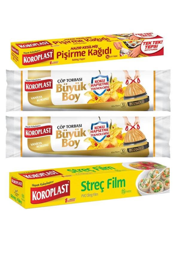 KOROPLAST Fırsat Paketi Pişirme Kağıdı Streç Film, Vanilya Kokulu Büzg. Büyük Boy Çöp Torbası