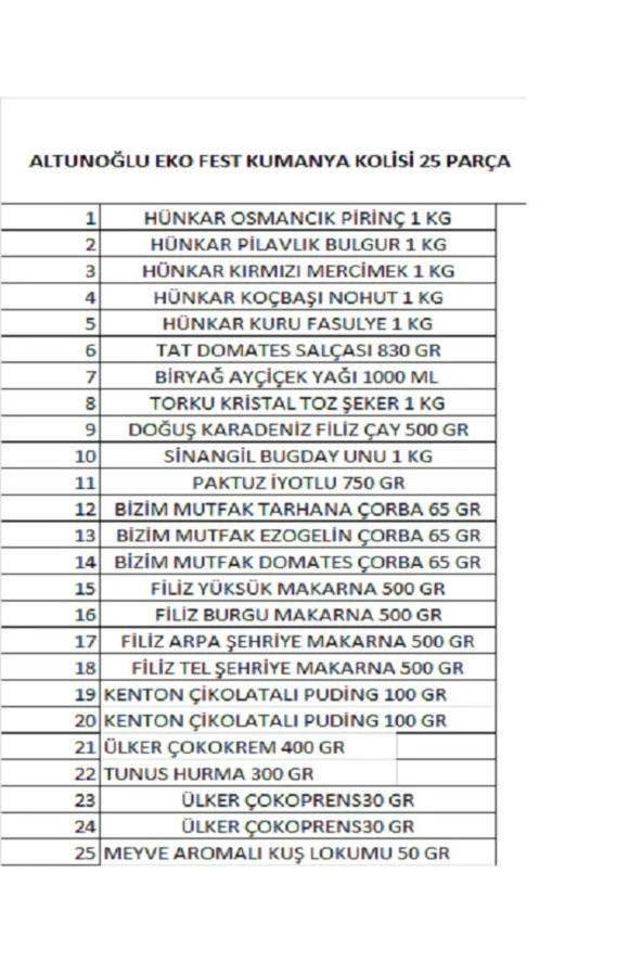 ALTUNOĞLU Kumanya Ramazan Erzak Gıda Kolisi 25 Parça Ekonomik Paket