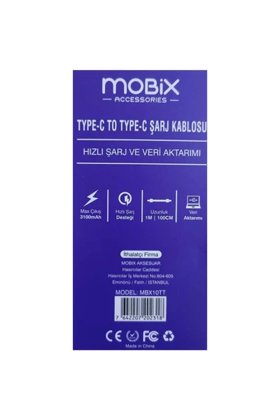 MOBİX Mobix 3.1A Qualcomm Type-C to Type-C Hızlı Şarj Ve Data Kablosu 1M (Mobix Türkiye Garantili) - 2