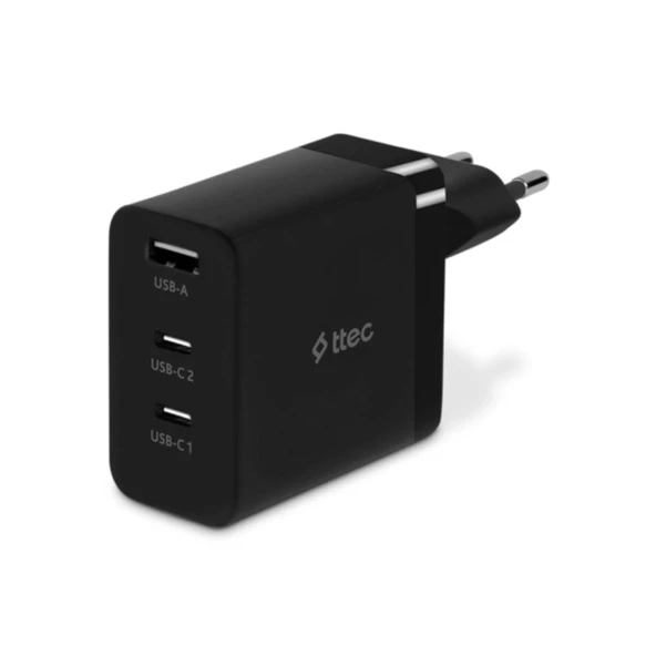 Ttec Süper Hızlı Gan 65W 2x PD Type C ve 1x USB Girişli Şarj Aleti, Akım ve Isı Korumalı Şarj Adaptörü