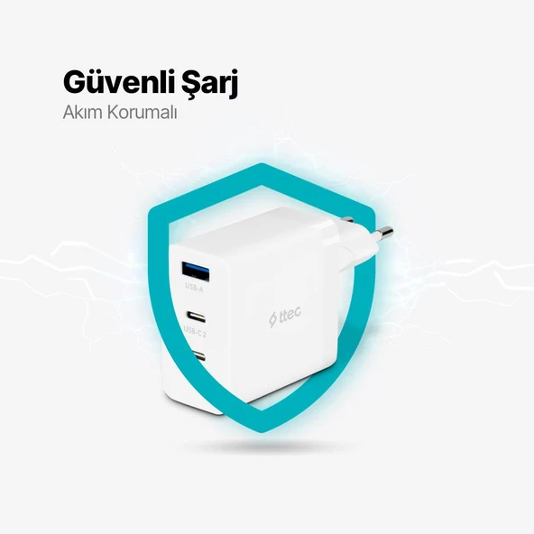 Ttec Süper Şarj Akım Korumalı Gan 65W Şarj Başlığı PD/QC/PPS Hızlı Şarj Başlığı 2X65W PD 18W USB - 10