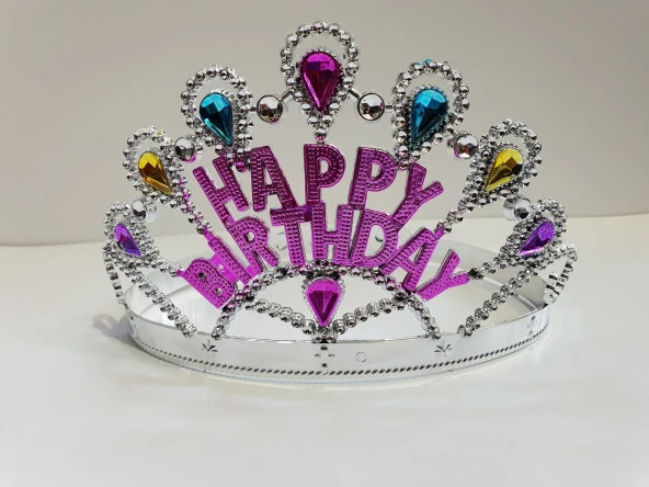 Gümüş Renk Happy Birthday Yazılı Doğum Günü Tacı 60 cm