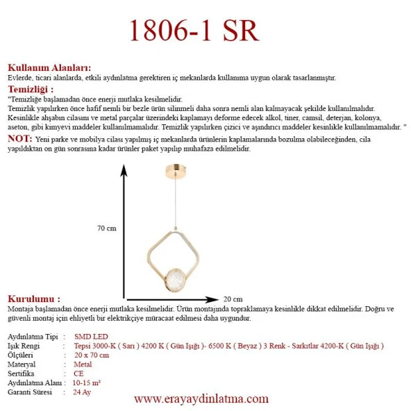 Eray Aydınlatma 1806-1 Gold Kristalli Led Avize - Resim 3