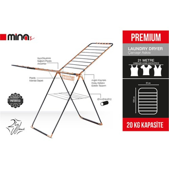 Mina Premium Çamaşır Askısı Paslanmaz Çelik Boru Kurutmalık Lüks Bakalit Aksam