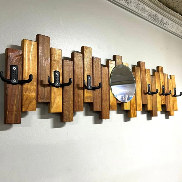 Ahşap Duvar Ve Kapı Askısı Pormanto Askı Elbise Çanta Askısı Aynalı Model 6 Askılı - 6