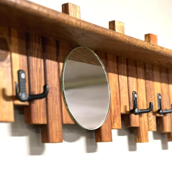 Ahşap Duvar Ve Kapı Askısı Pormanto Askı Elbise Çanta Askısı Aynalı Model 6 Askılı Raflı - 2