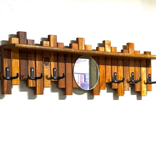 Ahşap Duvar Ve Kapı Askısı Pormanto Askı Elbise Çanta Askısı Aynalı Model 6 Askılı Raflı - 3
