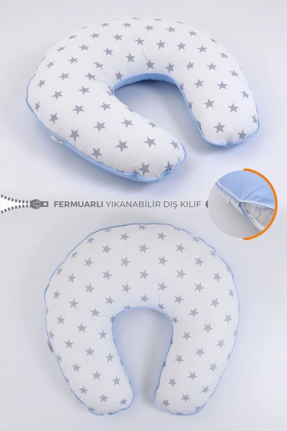 Umaybebek Emzirme Yastığı Minderi, Pamuk Kumaş - Mavi Beyaz Yıldız-